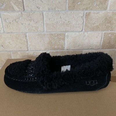 UGG ANSLEY BRAID BLACK SUEDE FUR MOCCASIN LOAFER SLIPPERS SIZE US
