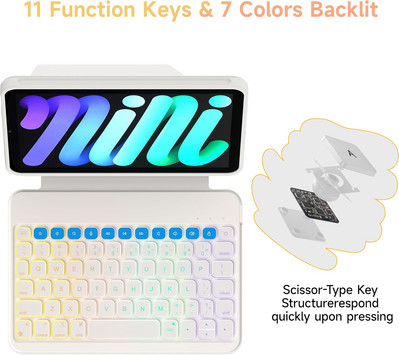 HOU Keyboard Case for iPad Mini 7/6, 156° Adjustable Stand, Ivory