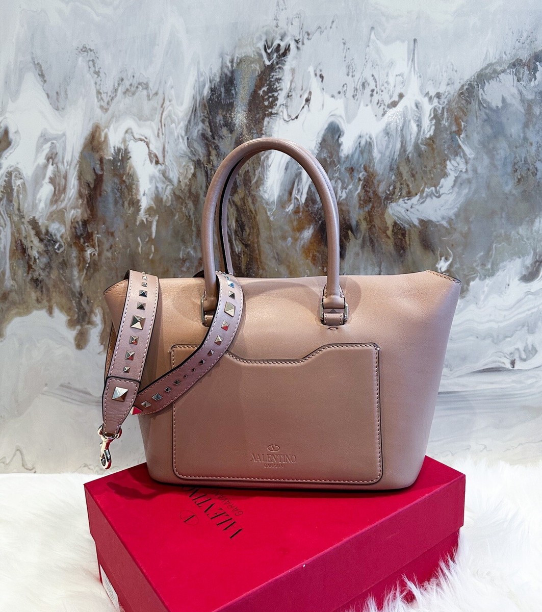 $2695 Valentino Garavani Nude Leather Rockstud Double Top Handle