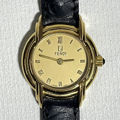 Vintage Fendi Womens Watch Gold Face Black Ostrich Leather Band