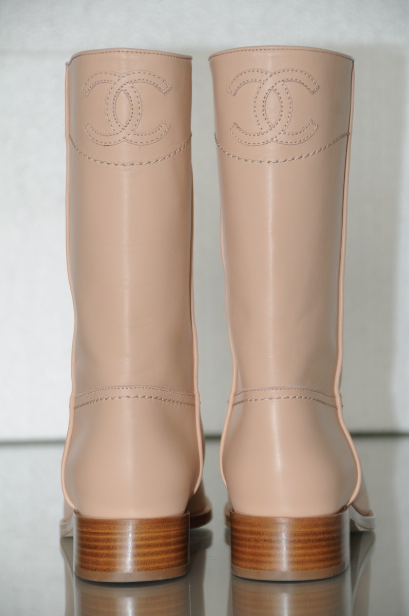 NEW CHANEL Ascot Light Beige Clair Leather Riding Flat BOOTS Big