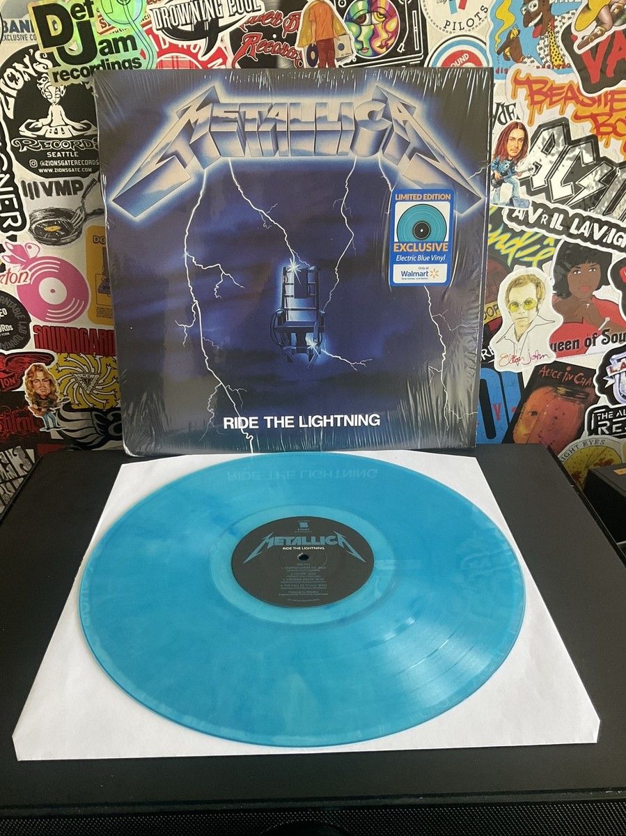 METALLICA Ride The Lightning VG++ ELECTRIC BLUE VINYL HYPE STICKER