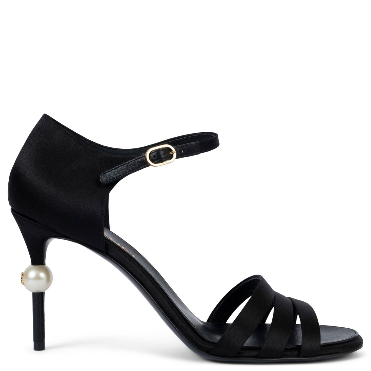70203 auth CHANEL black satin 2022 22K PEARL HEEL Sandals Shoes 41
