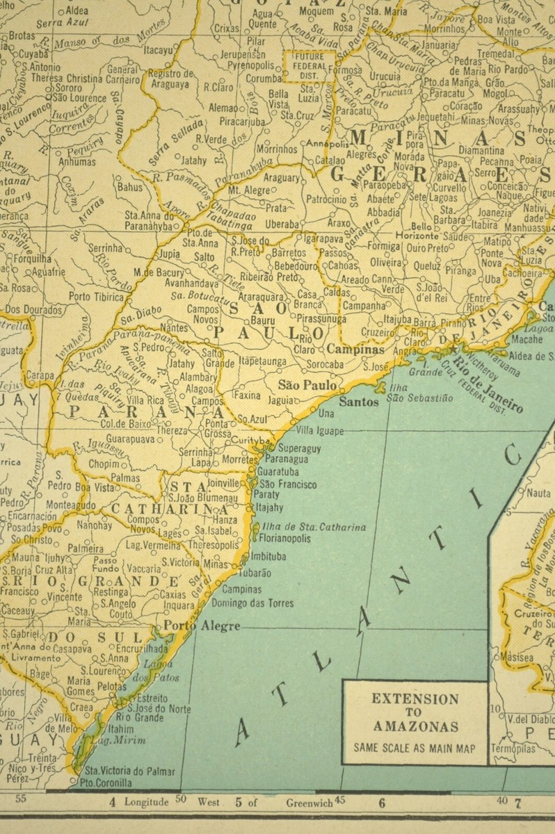 1940s Vintage BRAZIL Map Wall Art Old Original Rio De Janeiro