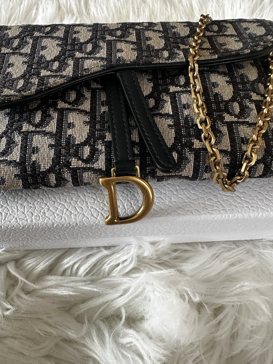 Dior Small Saddle Pouch with Chain Blue Dior Oblique Jacquard | eBay