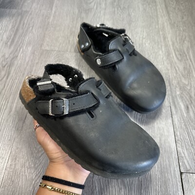 BIRKENSTOCK Tokio Shearling Oiled Black Leather Sling Shoes Clogs