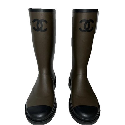 Chanel Khaki And Black 39 High Rain Boots, AUTHENTIC, Two tone is