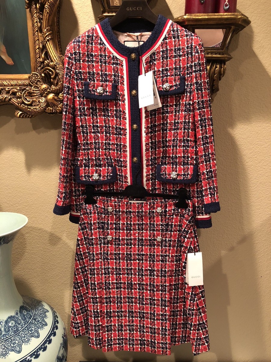 100% Authentic GUCCI Hibiscus Red Tweed Check Jacket $4600+Tax