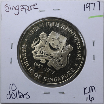 1977 Singapore 10 Dollars ASEAN 10th Anniversary OLD Proof Silver