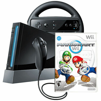 Nintendo Wii Black Console + Mario Kart Game + 2 Wheels + 2