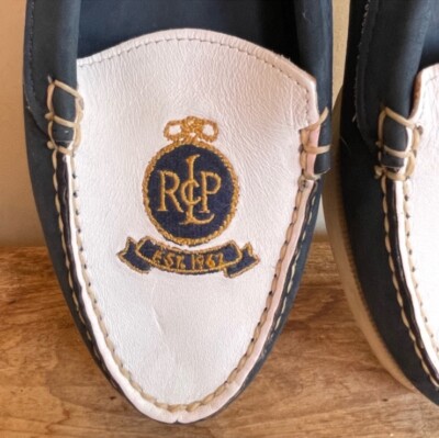 RALPH LAUREN POLO Vtg 80s Nautical Blue White Crest Loafer Deck