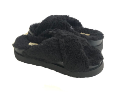 UGG FUZZ SUGAR CROSS BLACK SLIDE SLIP ON FAUX FUR SANDALS US 12