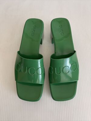 NEW Gucci Rubber Logo Platform 20/60mm Slide Sandals - Shamrock