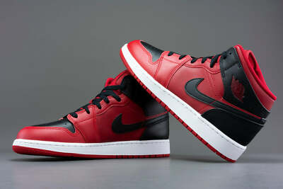 Air Jordan 1 Mid GS Shoes Reverse Bred Black Red Sneakers 554725
