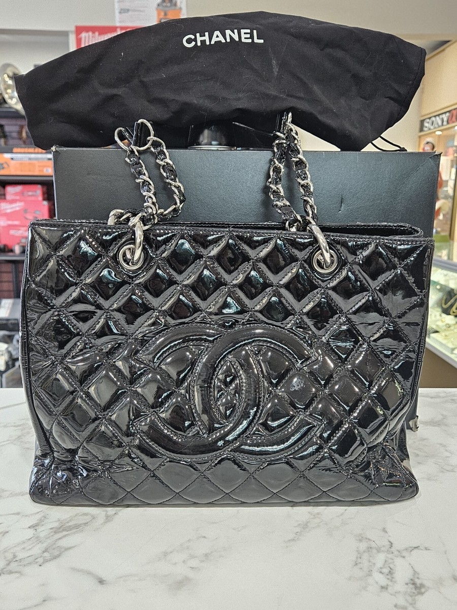 Chanel Black Patent Leather Grand Shopping Tote Classic Quilted CC
