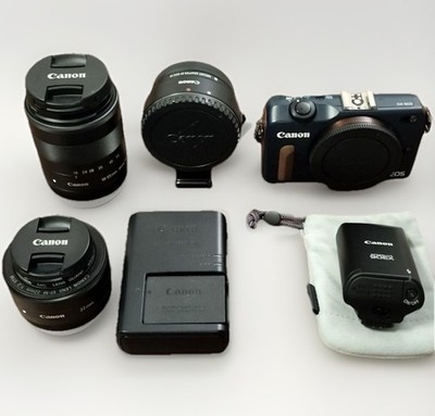 Canon EOS M2 Bay Blue W. 90EX Flash, 18-55mm Lens / 22mm Lens Kit