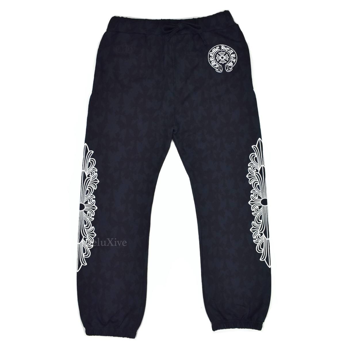 NEW Chrome Hearts Black Allover Cemetery Crosses Logo Sweatpants