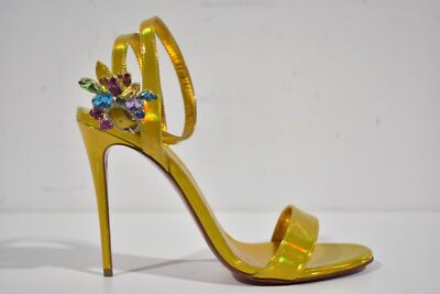 Christian Louboutin Goldie Joli 100 Yellow Pat Ankle Strap Sandal