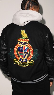 OVO x Roots 2022 Black Leather Varsity Jacket October's Very Own