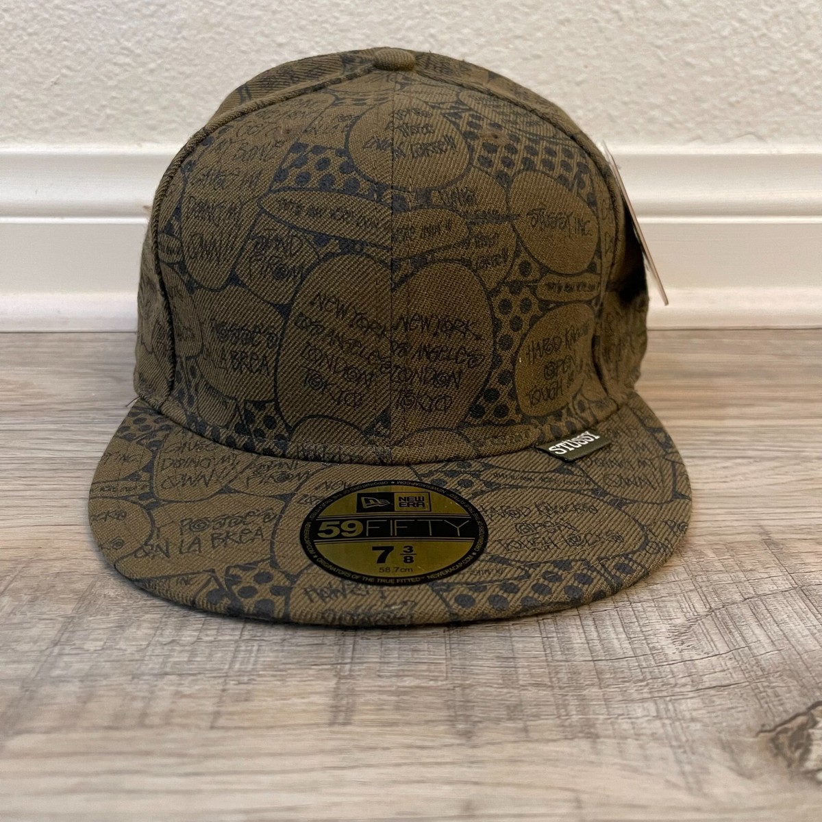 Vintage Stussy Pop Quote Bubble New Era 59Fifty Cap Hat Army Green