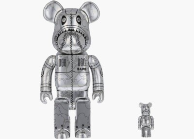 Silver Camo Shark 100% + 400% Bearbrick by Medicom Toy x BAPE x