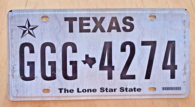 TEXAS TRIPPPLE LETTER G PASSENGER AUTO LICENSE PLATE 