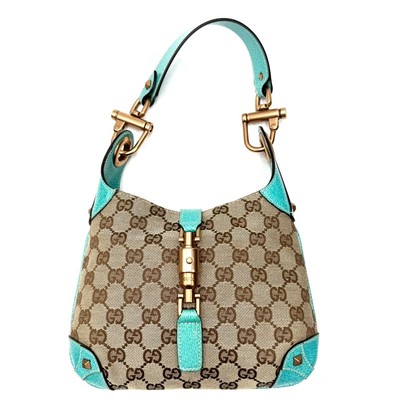 Auth GUCCI GG/New Jackie 120885 Blue Beige Jacquard Leather