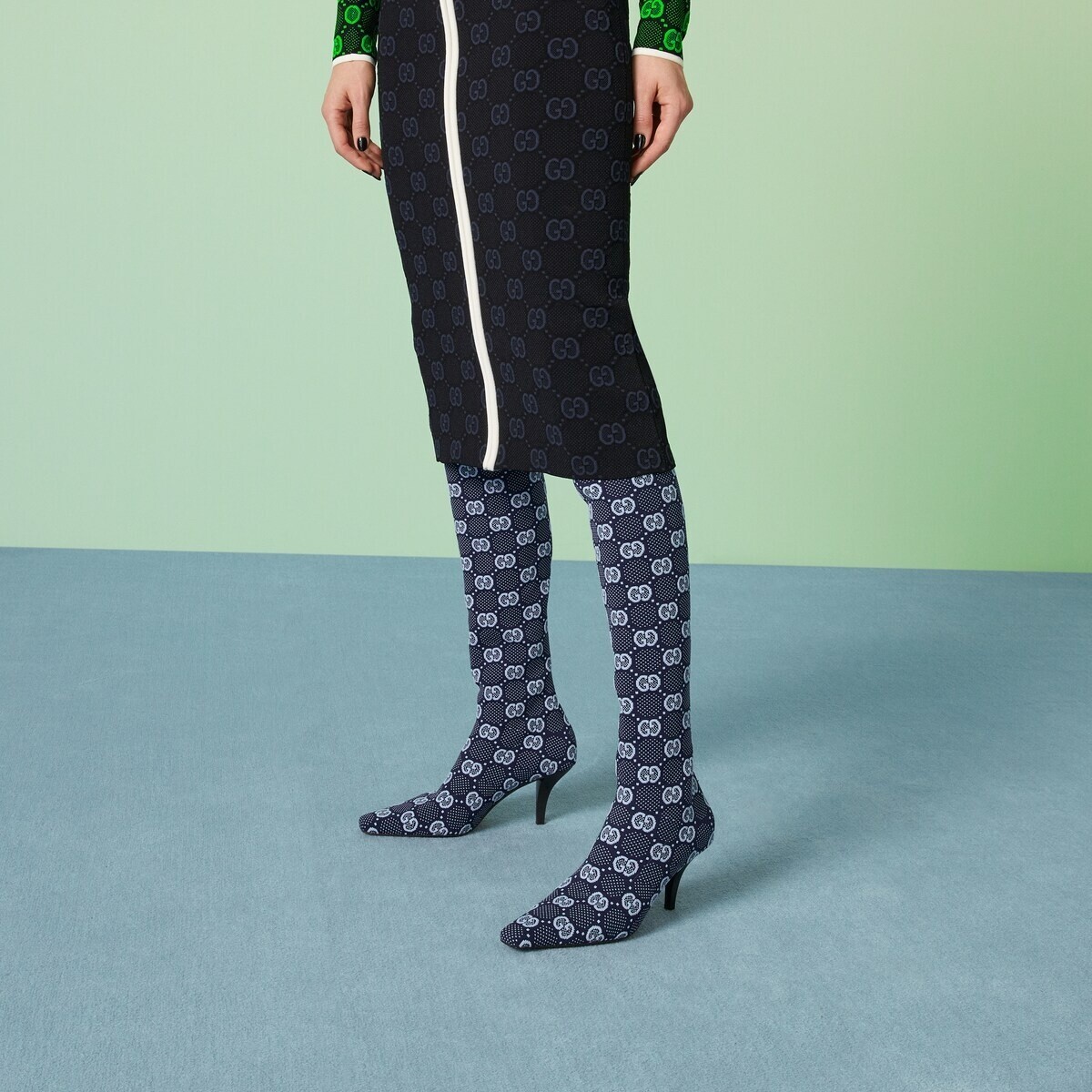 Gucci GG Supreme Blue Knit Socks Pull On Knee High Boots 37/ 7 NIB