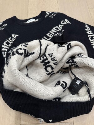 Balenciaga Black and White All Over Logo Wool Crew Neck Sweater