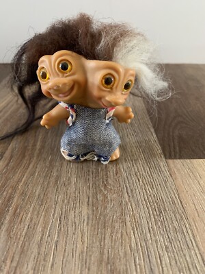 Vintage 1966 Uneeda Two Headed Troll Doll Black Brown Gray Hair In