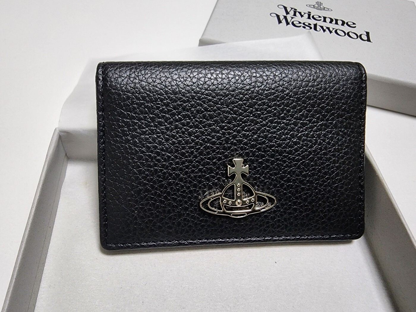 Vivienne westwood Grain Leather Flap Card Holder Black Silver ORB