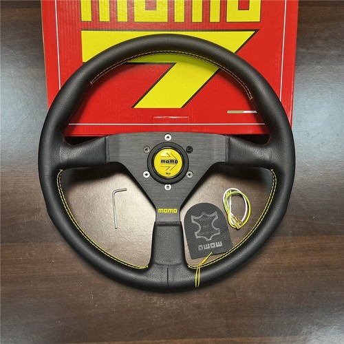 Momo Leather Steering Wheel 350mm Drift Yellow Horn Yellow Stitch