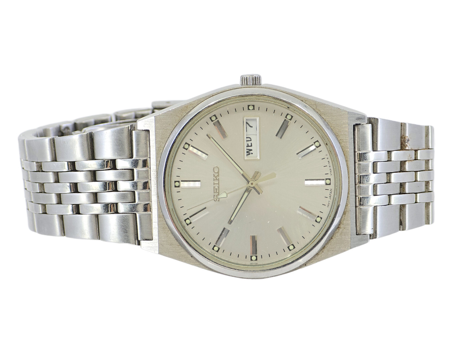 VINTAGE SEIKO V743-9029 DAY-DATE STAINLESS STEEL QUARTZ MENS WATCH