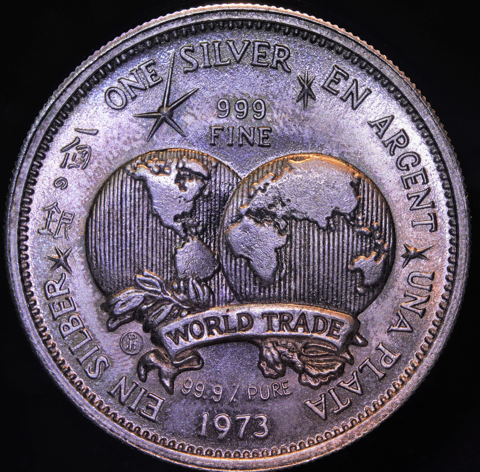 1973 World Trade Una Plata Argent TONED 1oz 999 FINE Silver art
