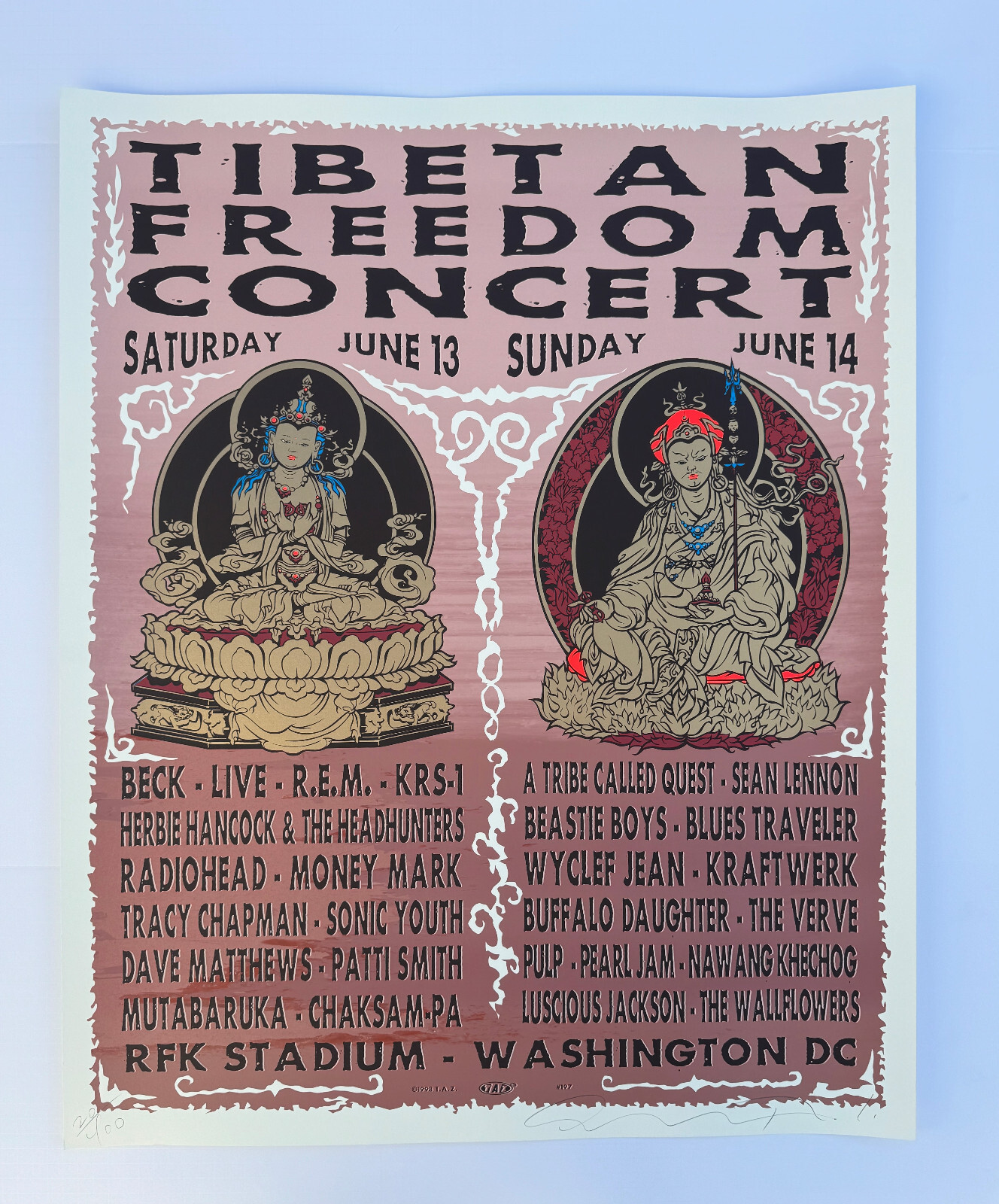 TAZ 1998 TIBETAN FREEDOM SILKSCREEN CONCERT POSTER SIGNED PEARL