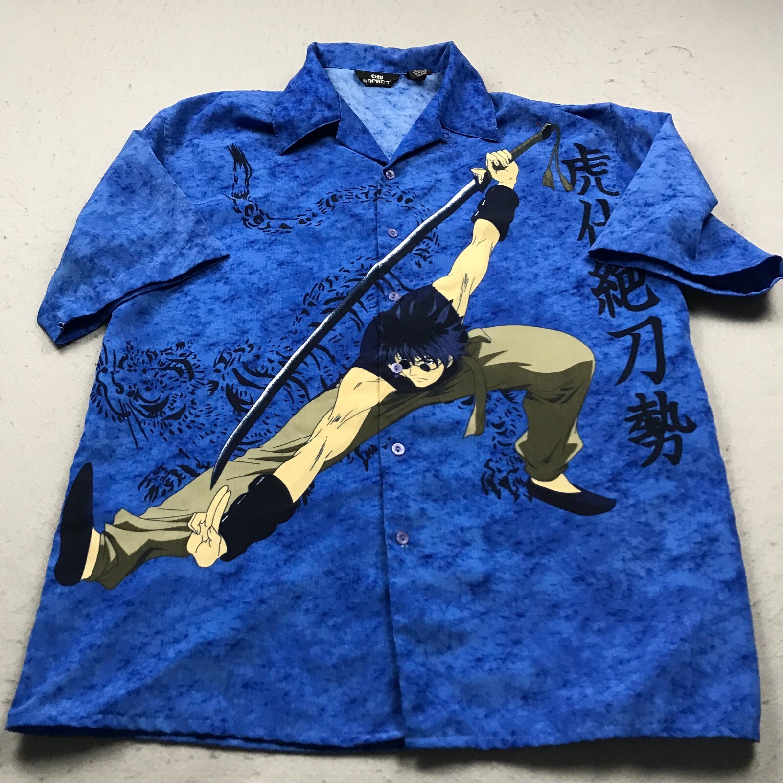 VINTAGE Camp Collar Shirt Mens Medium Blue City Impact Button