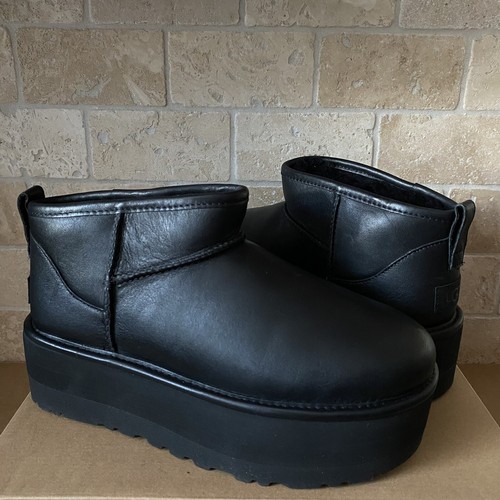 UGG Classic Ultra Mini Platform Black Leather Ankle Boots Size US