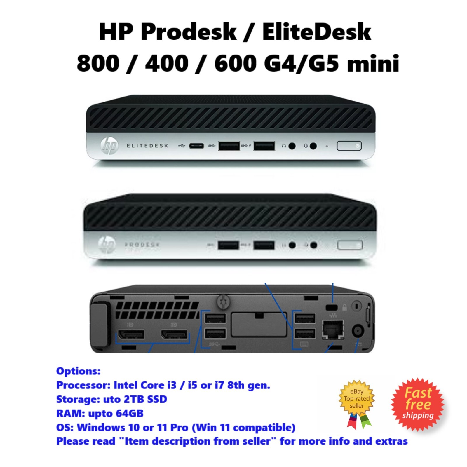 HP EliteDesk 800/400 G4 Mini PC i7 8th Gen. 2TB SSD 64GB RAM Win