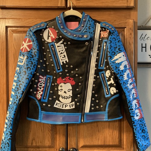 Azalea Wang Stud Moto Jacket Vegan Leather Blue World Graphics