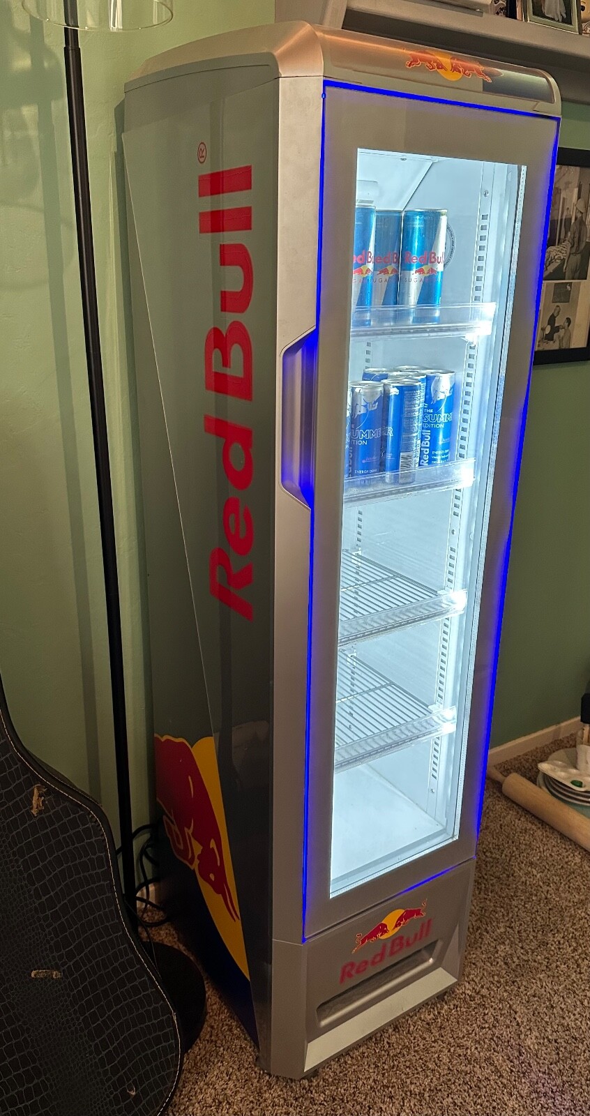 Near Mint Red Bull Energy Refrigerator Glass Door Bar Slim Mini