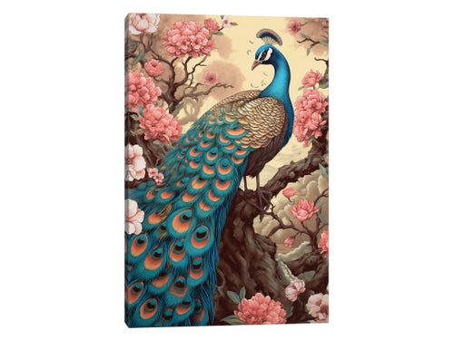 Peacock With Flowers Canvas Wall Art by David Loblaw | iCanvas