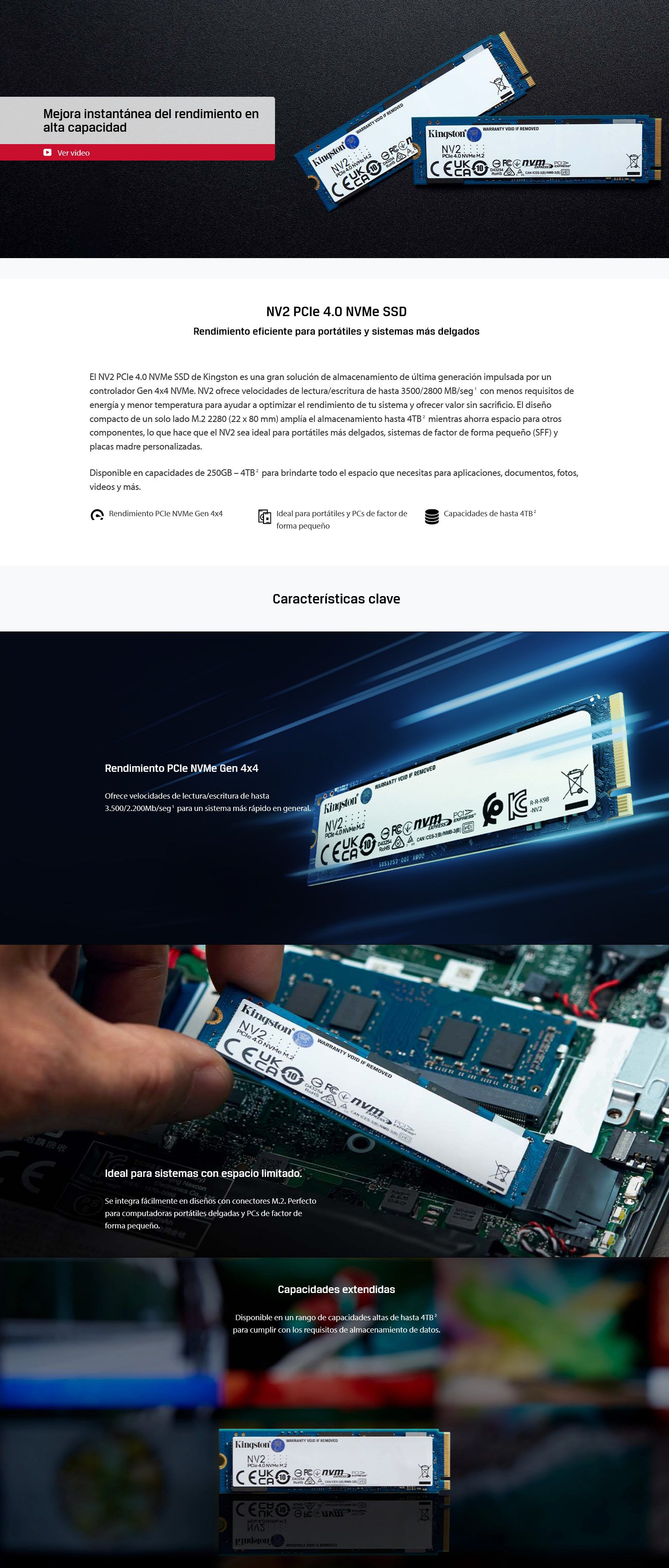 Unidad SSD Kingston NV2 4TB. M.2 2280. PCIe 4.0, NVMe Lectura 3500