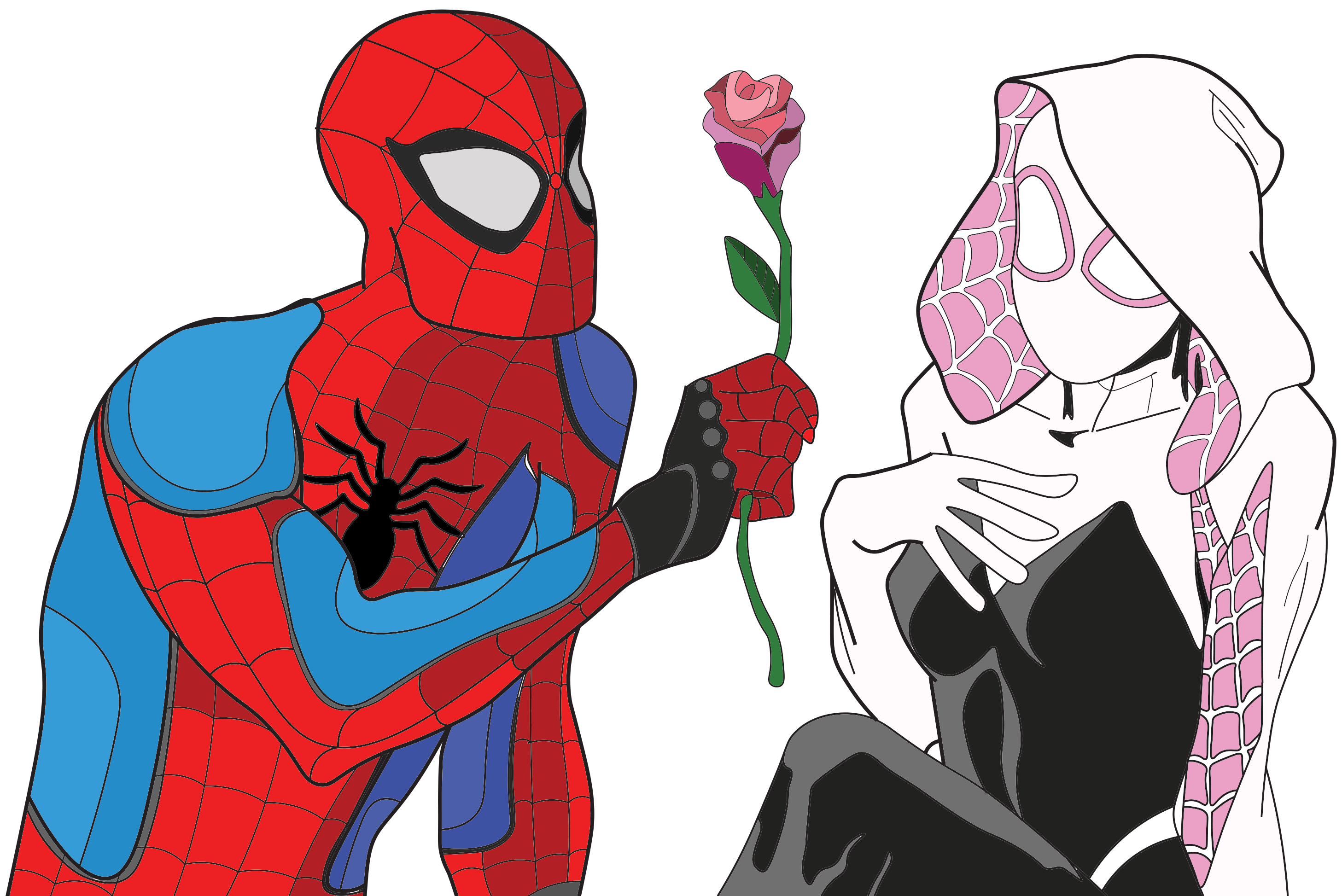 スパイダーマンがグウェンに花を渡している絵をリドローしたからシェア