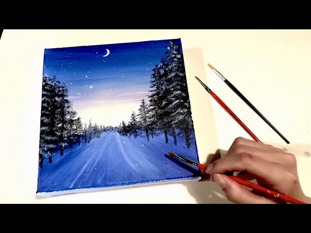 初心者向け・雪の降る夜の風景画・アクリル絵の具/Easy/Snowy night