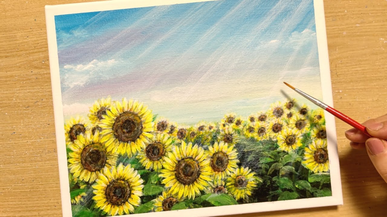 How to draw a landscape of a sunflower field with acrylic paint