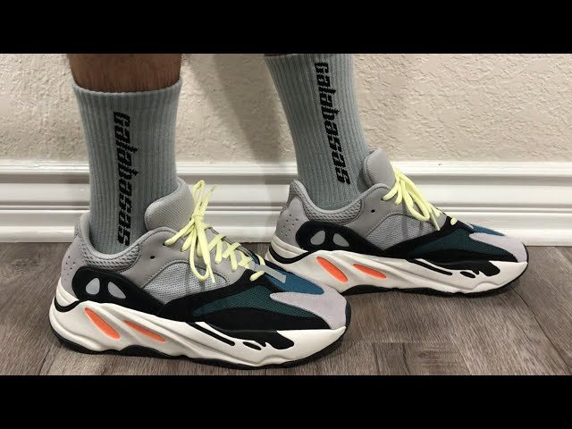 Yeezy Calabasas 3 Pack Socks on feet with Yeezy 700 Wave Runner