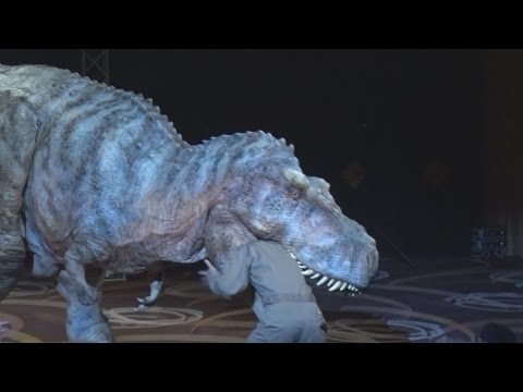 An eight-metre-long artificial dinosaur appears, walking and