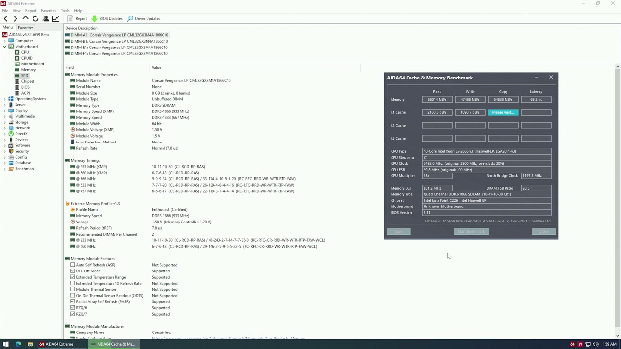 Aida64 Cache & Memory Benchmark Run - Xeon E5-2666 V3, X99-G7, 32