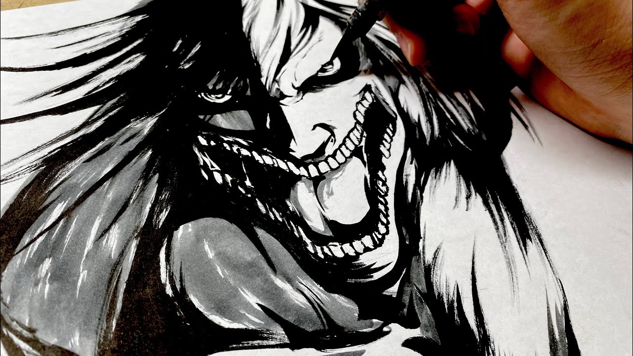 進撃の巨人】巨人化エレン描いてみた！筆ペンアナログイラスト Drawing