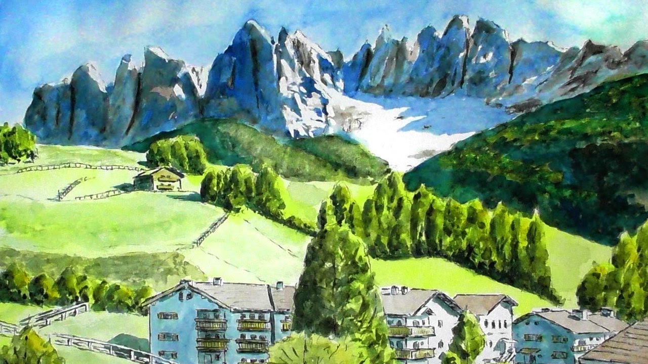 神々しいアルプスの山々と美しすぎるスイスの村 （透明水彩風景画